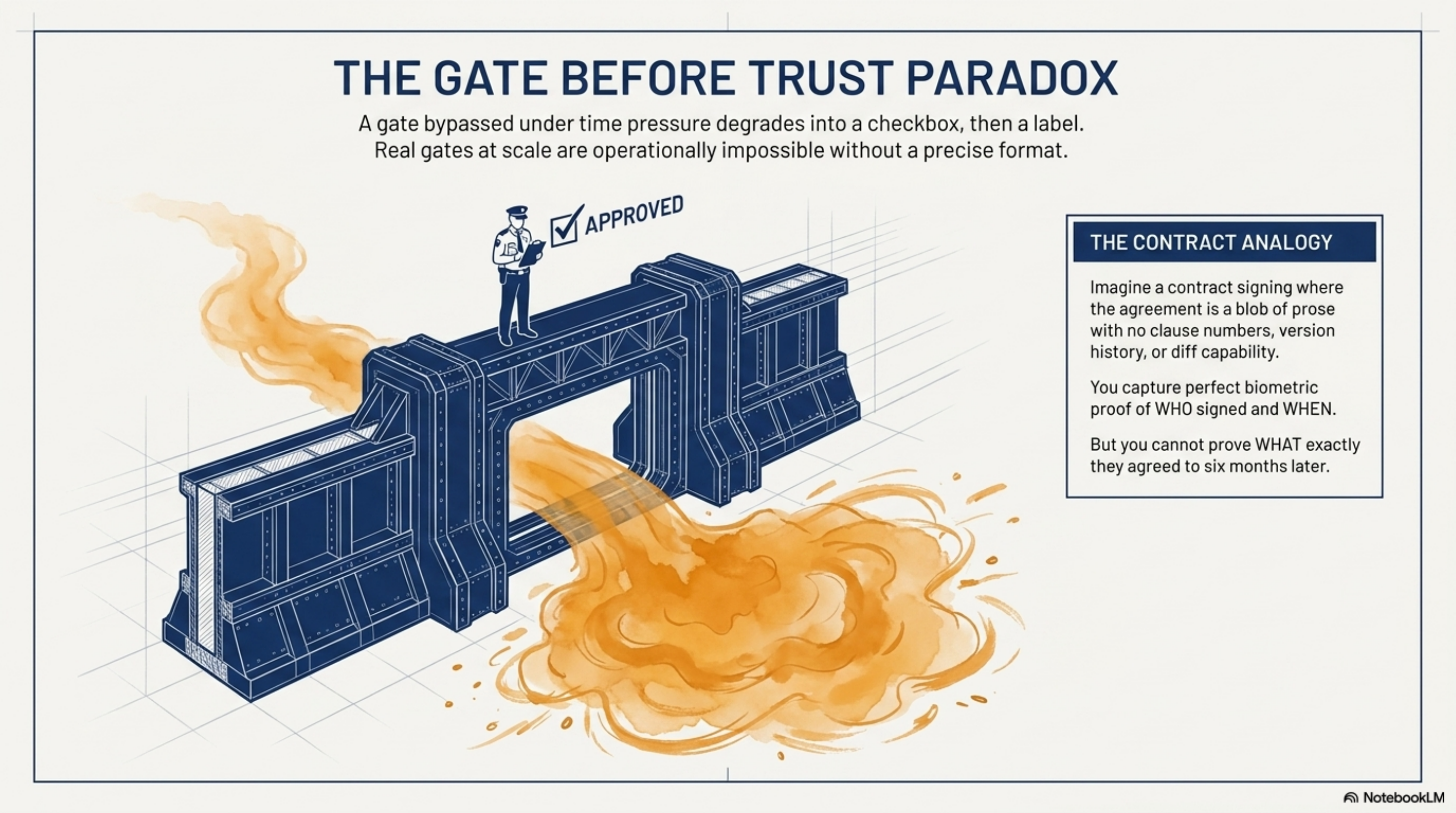 The Gate Before Trust Paradox: a gate bypassed under time pressure degrades into a checkbox, then a label. Real gates at scale are operationally impossible without a precise format.