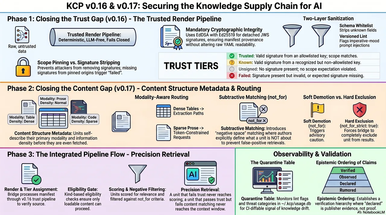 Overview: KCP v0.16 closes the trust gap with the Trusted Render Pipeline — signing, trust tiers, and sanitization. KCP v0.17 closes the content gap with content structure metadata and subtractive not_for matching. Together they compose a precision retrieval pipeline.