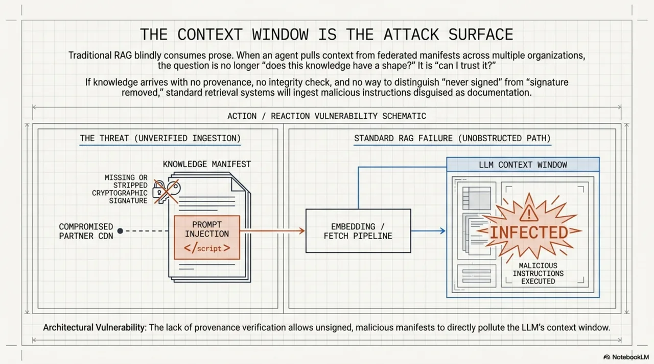 The context window is the attack surface. Unverified manifests from federated sources can carry injected instructions, stripped signatures, or poisoned content — and without a trust pipeline, they arrive indistinguishable from legitimate knowledge.