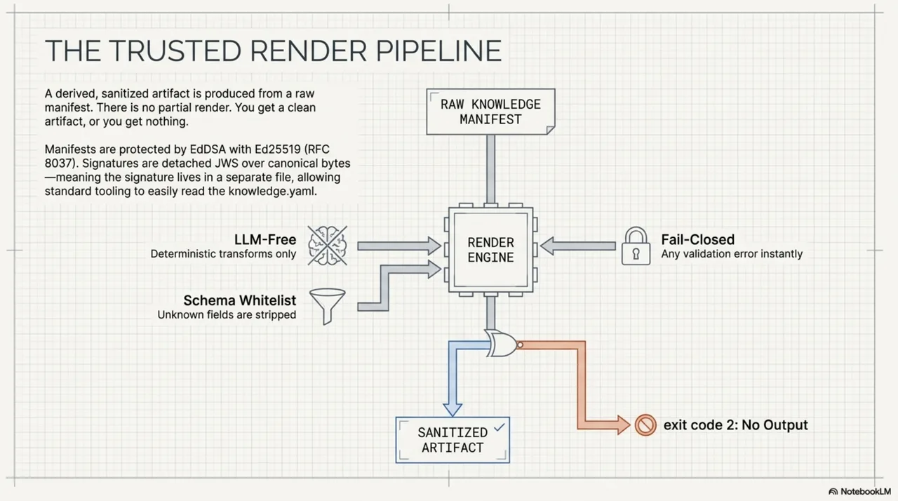 The Trusted Render Pipeline: raw manifest in, sanitized artifact out. LLM-free, deterministic, fail-closed. The pipeline enforces a schema whitelist, runs an imperative-mood lint, and computes trust tiers consumer-side.