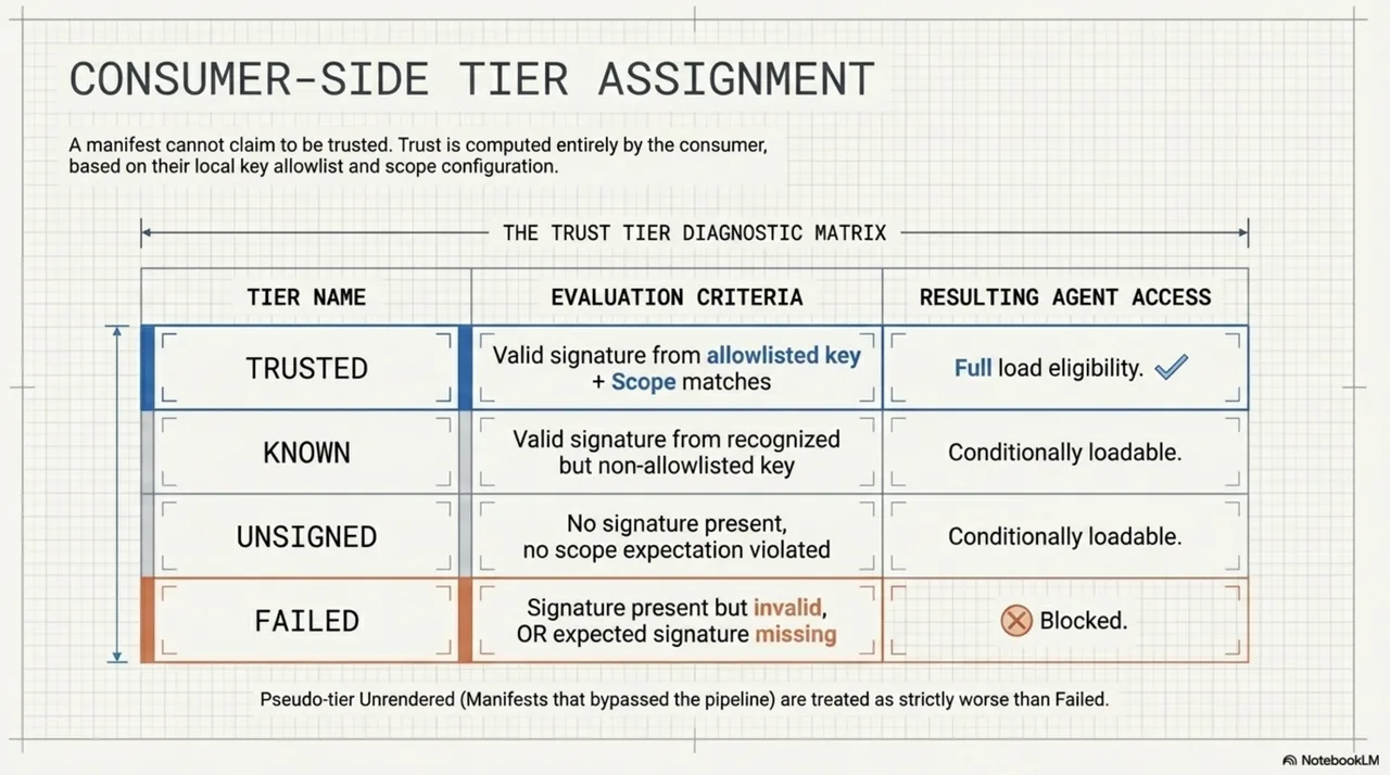 Consumer-Side Tier Assignment: the diagnostic matrix for all five trust states. Tiers are computed by the consumer over the content_integrity block — producers cannot self-declare a tier.