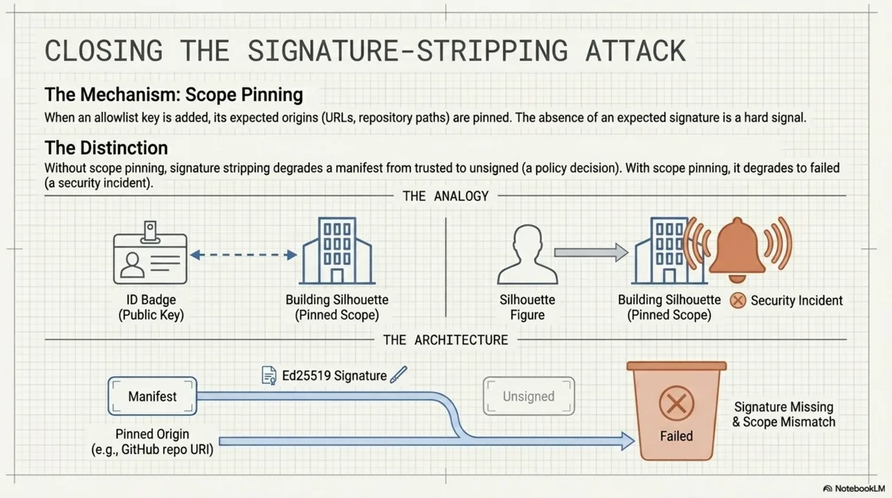 Closing the signature-stripping attack with scope pinning. Without it: strip the signature, degrade from trusted to unsigned, pass policy. With it: a missing signature from a pinned origin renders as failed — the absence is the signal.