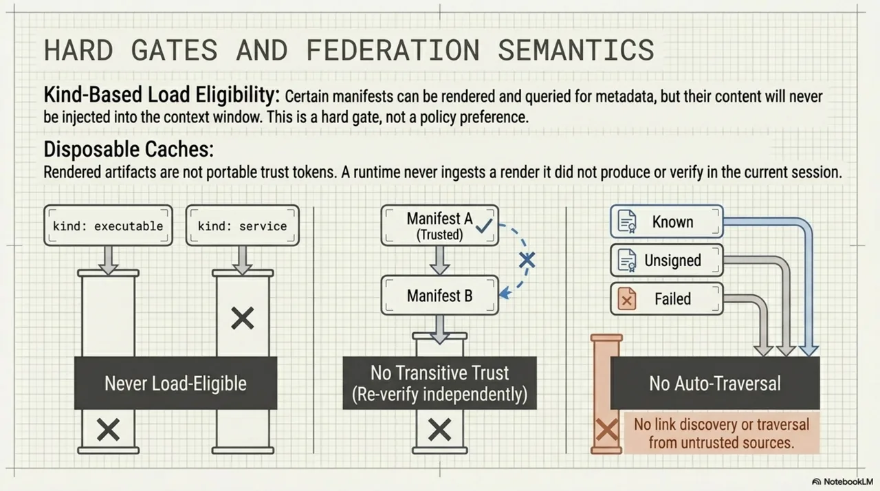 Hard gates and federation semantics: kind-based load eligibility blocks service/executable kinds at all trust tiers. No transitive trust, no auto-traversal below trusted. Rendered artifacts are session-scoped, not portable trust tokens.
