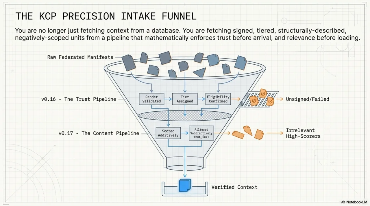 The KCP Precision Intake Funnel: v0.16 trust pipeline narrows the field to verified, sanitized manifests; v0.17 content pipeline filters to relevant, correctly-typed units. Only what passes both reaches the context window.