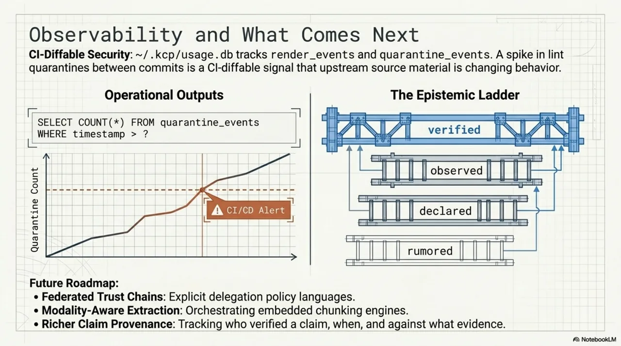 Observability and what comes next: the quarantine events table as a CI-diffable security signal, the epistemic ladder (rumored → declared → observed → verified), and the three open problems — federated trust chains, modality-aware extraction, richer claim provenance.