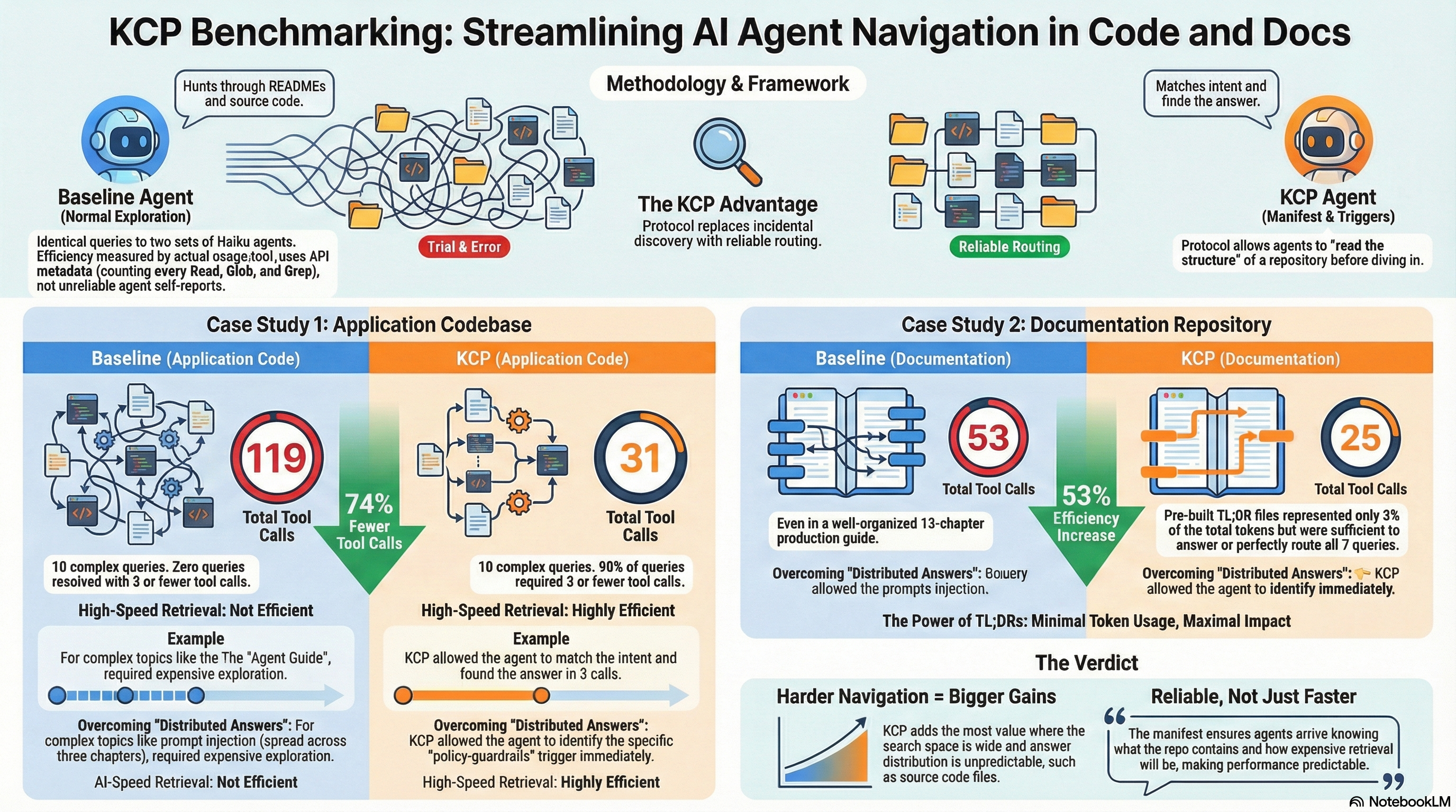 KCP benchmarking: 119 → 31 tool calls on application code, 53 → 25 on documentation. Two case studies, same methodology.