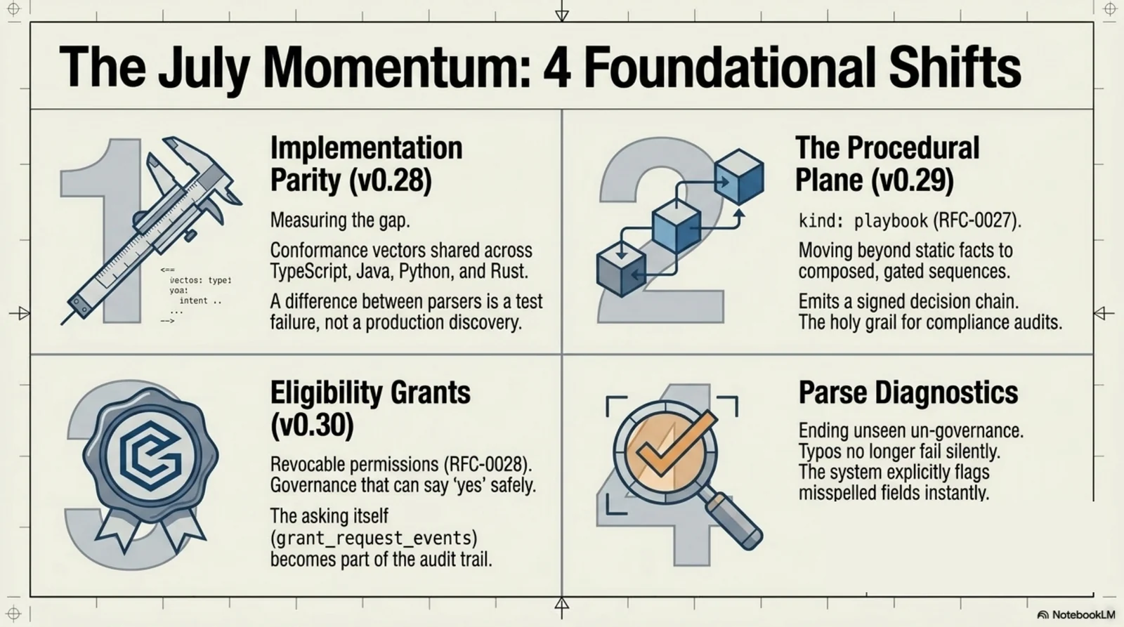 The July momentum — implementation parity, the procedural plane, eligibility grants, parse diagnostics