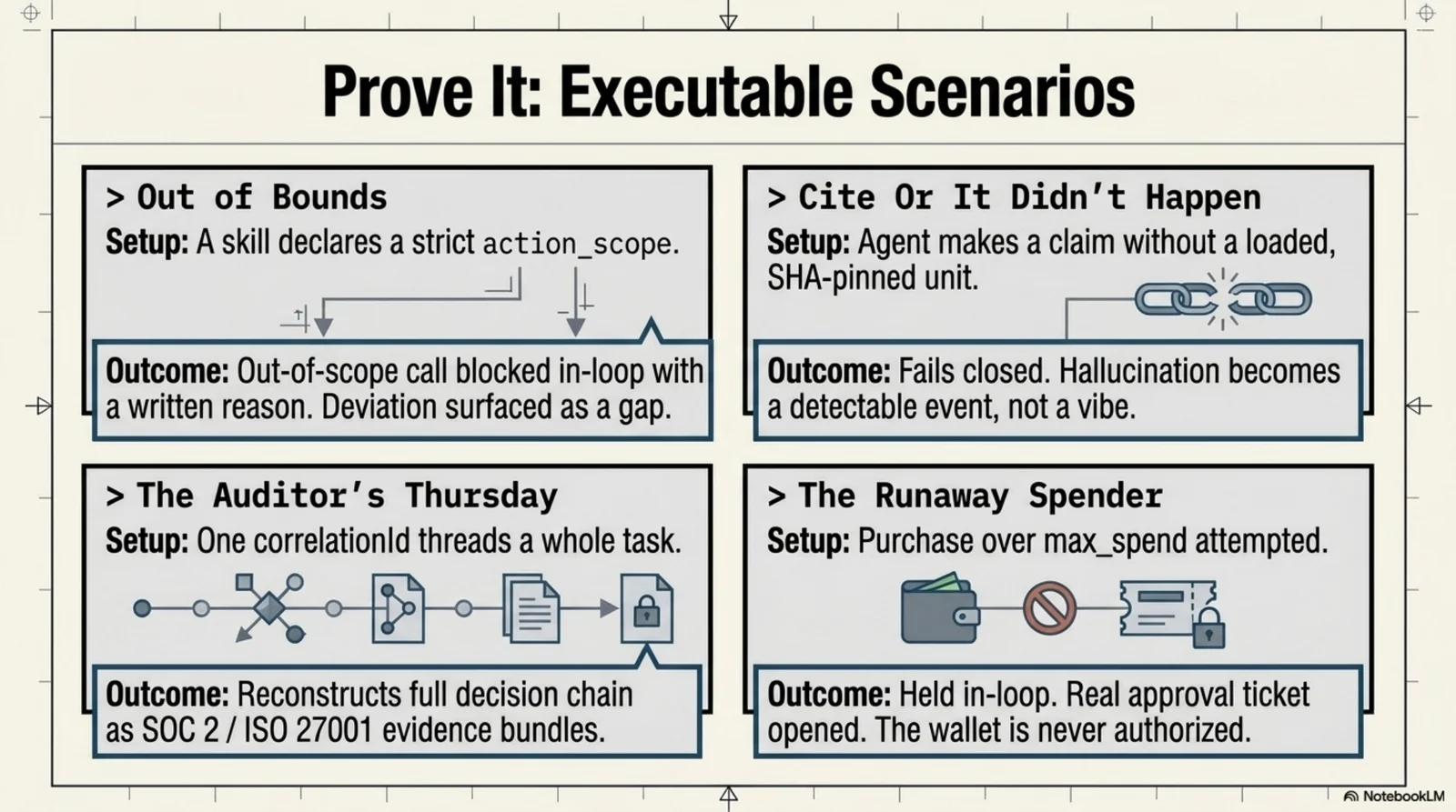 Executable scenarios — out of bounds, cite or it didn't happen, the auditor's Thursday, the runaway spender
