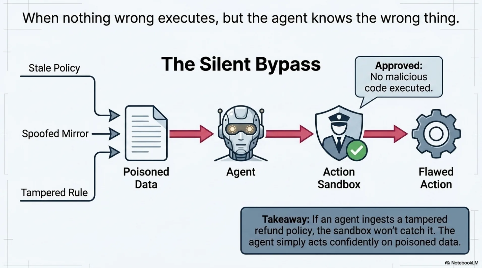 The Silent Bypass: stale policy, spoofed mirror and tampered rule flow as poisoned data through the agent and straight past the action sandbox — approved, no malicious code executed — out the other side as a flawed action. If an agent ingests a tampered refund policy, the sandbox won't catch it; the agent simply acts confidently on poisoned data.