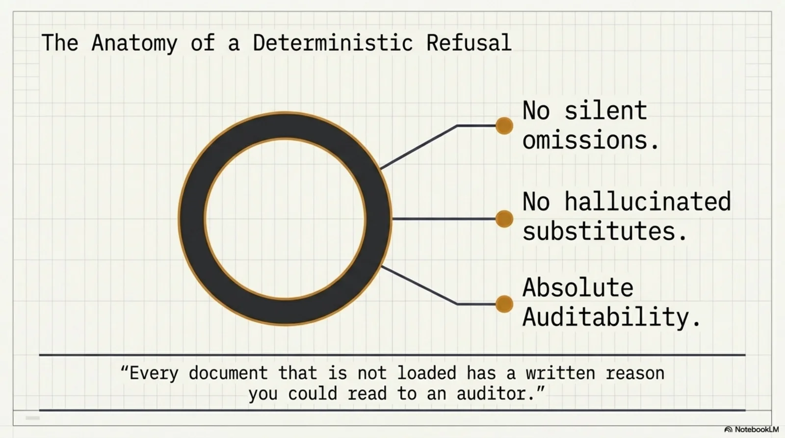 The anatomy of a deterministic refusal: the hollow circle from the plan output, enlarged, with three callouts — no silent omissions, no hallucinated substitutes, absolute auditability — above the estate's rule in quotation marks: every document that is not loaded has a written reason you could read to an auditor