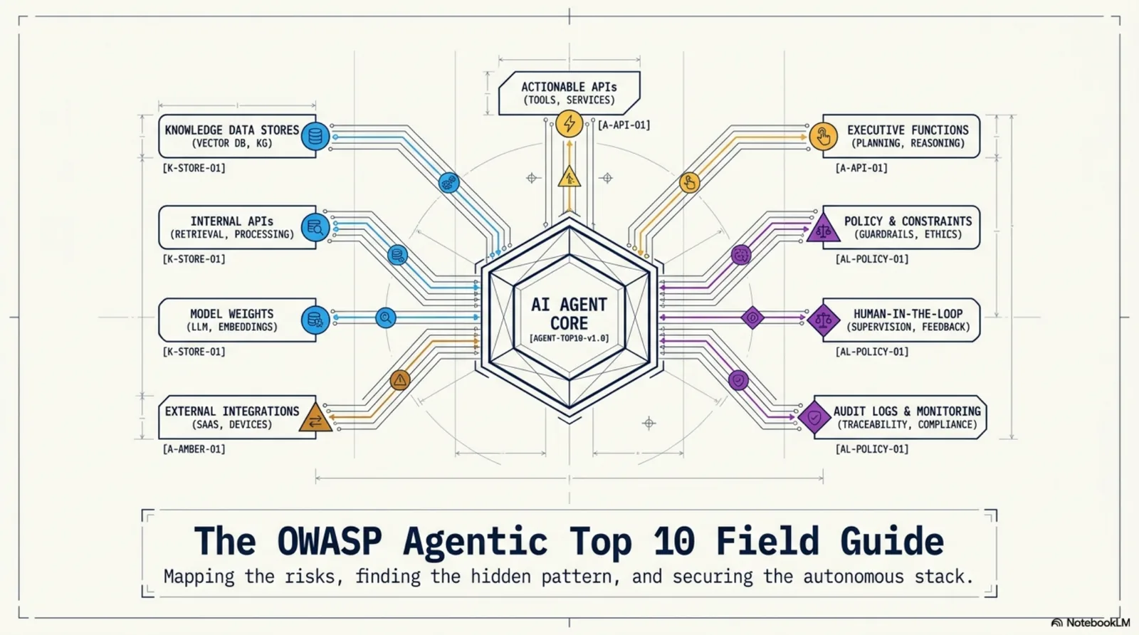 The OWASP Agentic Top 10 Field Guide: mapping the risks, finding the hidden pattern, and securing the autonomous stack. An AI Agent Core at the centre connected to Knowledge Data Stores, Internal APIs, Model Weights, External Integrations, Actionable APIs, Executive Functions, Policy & Constraints, Human-in-the-Loop, and Audit Logs.