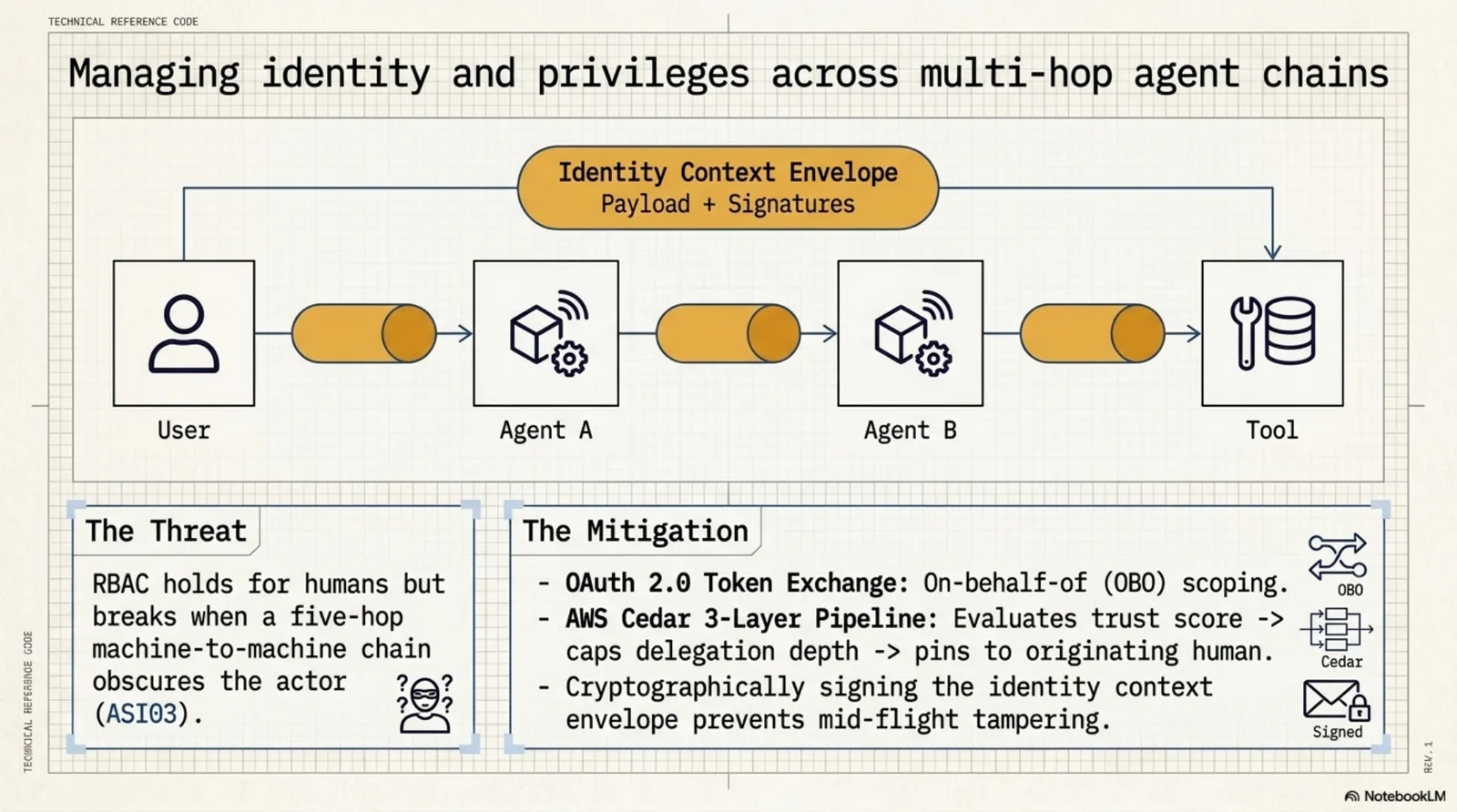 Managing identity and privileges across multi-hop agent chains (ASI03). The threat: RBAC holds for humans but breaks when a five-hop machine-to-machine chain obscures the actor. The mitigation: OAuth 2.0 Token Exchange (OBO scoping), AWS Cedar 3-layer pipeline (trust score → delegation depth cap → pins to originating human), cryptographic signing of identity context envelope prevents mid-flight tampering.