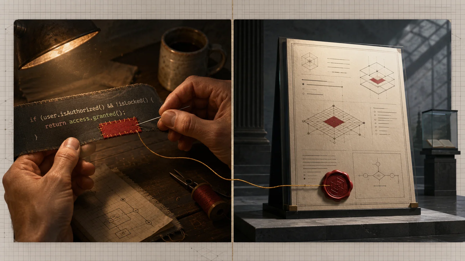 Two panels: hands stitching a red thread through a strip of code under a workshop lamp; the thread runs to a formal document of typed diagrams closed with a red wax seal. Knowledge as a crafted, sealed artifact — signed before it is trusted.
