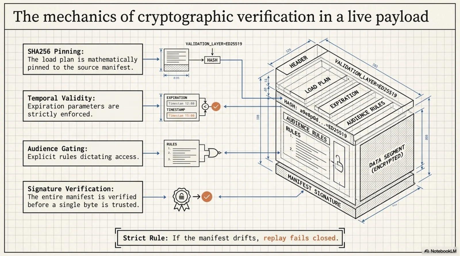 Blueprint: the mechanics of cryptographic verification in a live payload — the manifest pinned by sha256, units gated by temporal validity and audience, and the ed25519 signature verified before a single byte is trusted.