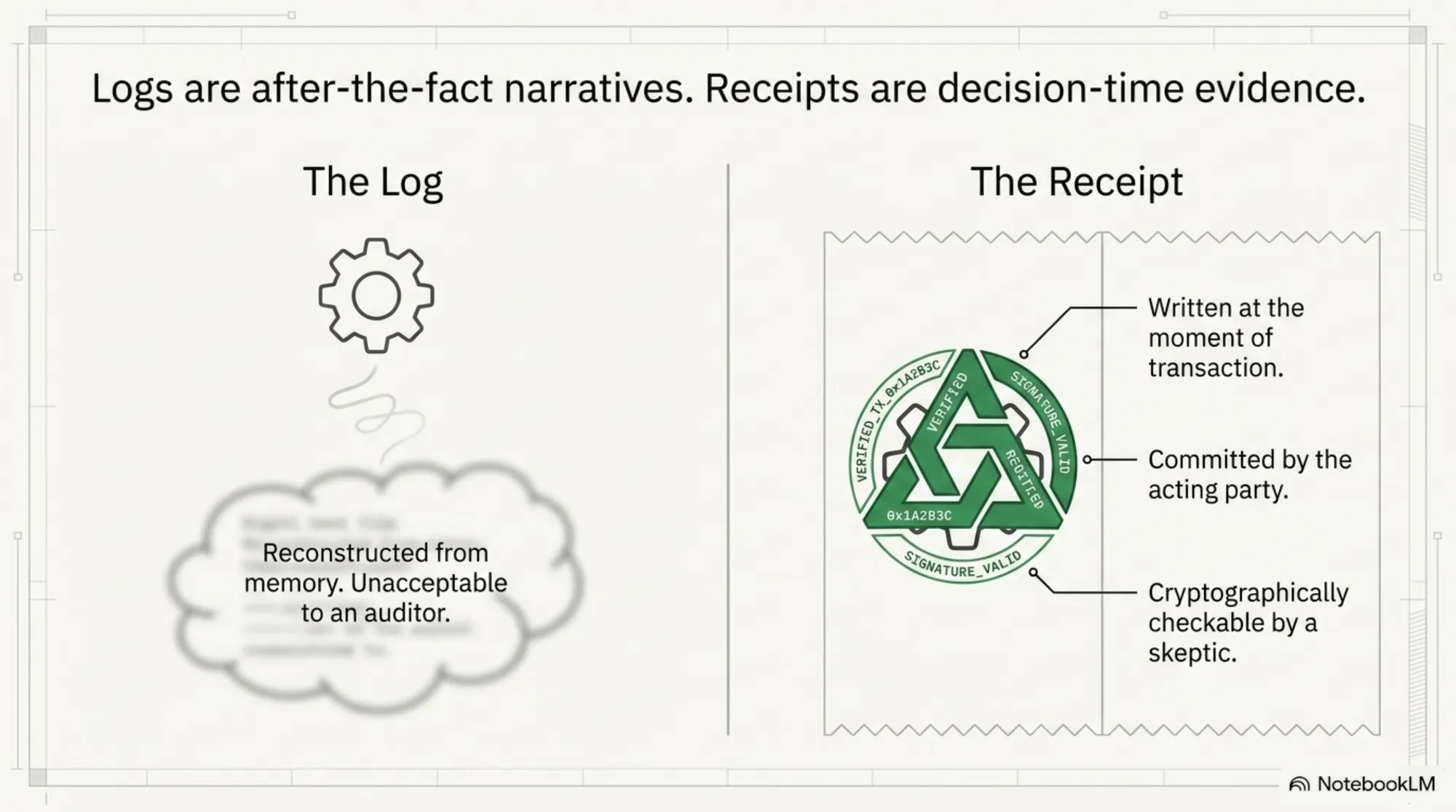 Logs are after-the-fact narratives; receipts are decision-time evidence. A log is drawn as a gear whose output is a fuzzy thought-cloud — "reconstructed from memory, unacceptable to an auditor." A receipt is a signed green seal that is written at the moment of the transaction, committed by the acting party, and cryptographically checkable by a skeptic.
