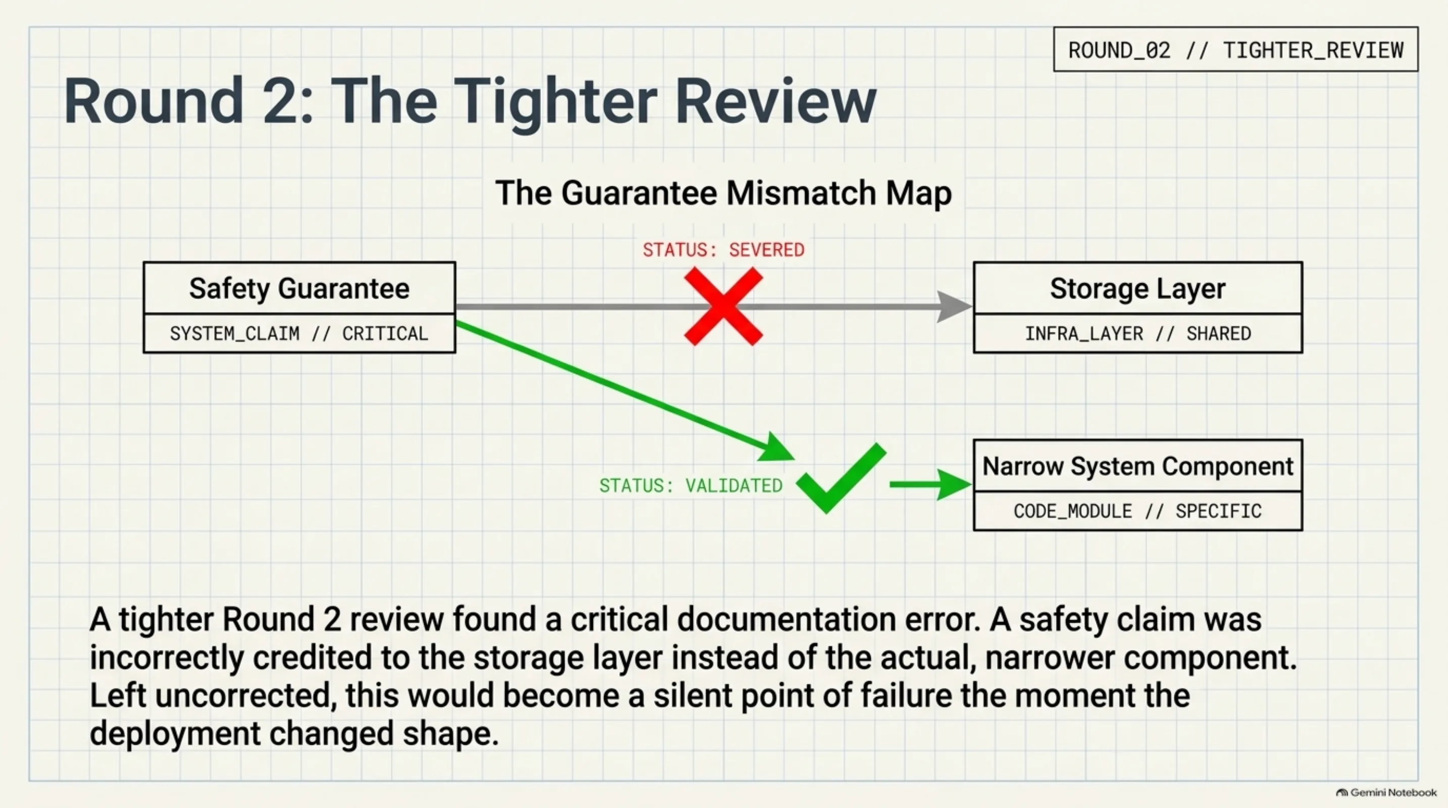 A safety claim credited to the storage layer, severed — the real guarantee lived in a narrower, more fragile component