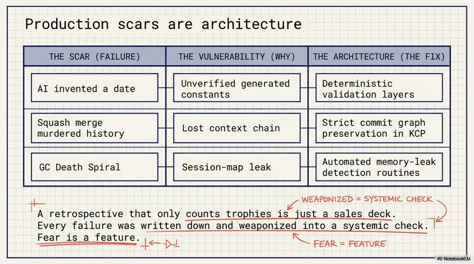 Production scars are architecture. A three-column engineering table — the scar (failure), the vulnerability (why), the architecture (the fix): AI invented a date → unverified generated constants → deterministic validation layers. Squash merge murdered history → lost context chain → strict commit graph preservation in KCP. GC death spiral → session-map leak → automated memory-leak detection routines. Hand-annotated in red below: a retrospective that only counts trophies is just a sales deck. Every failure was written down and weaponized into a systemic check. Fear is a feature.