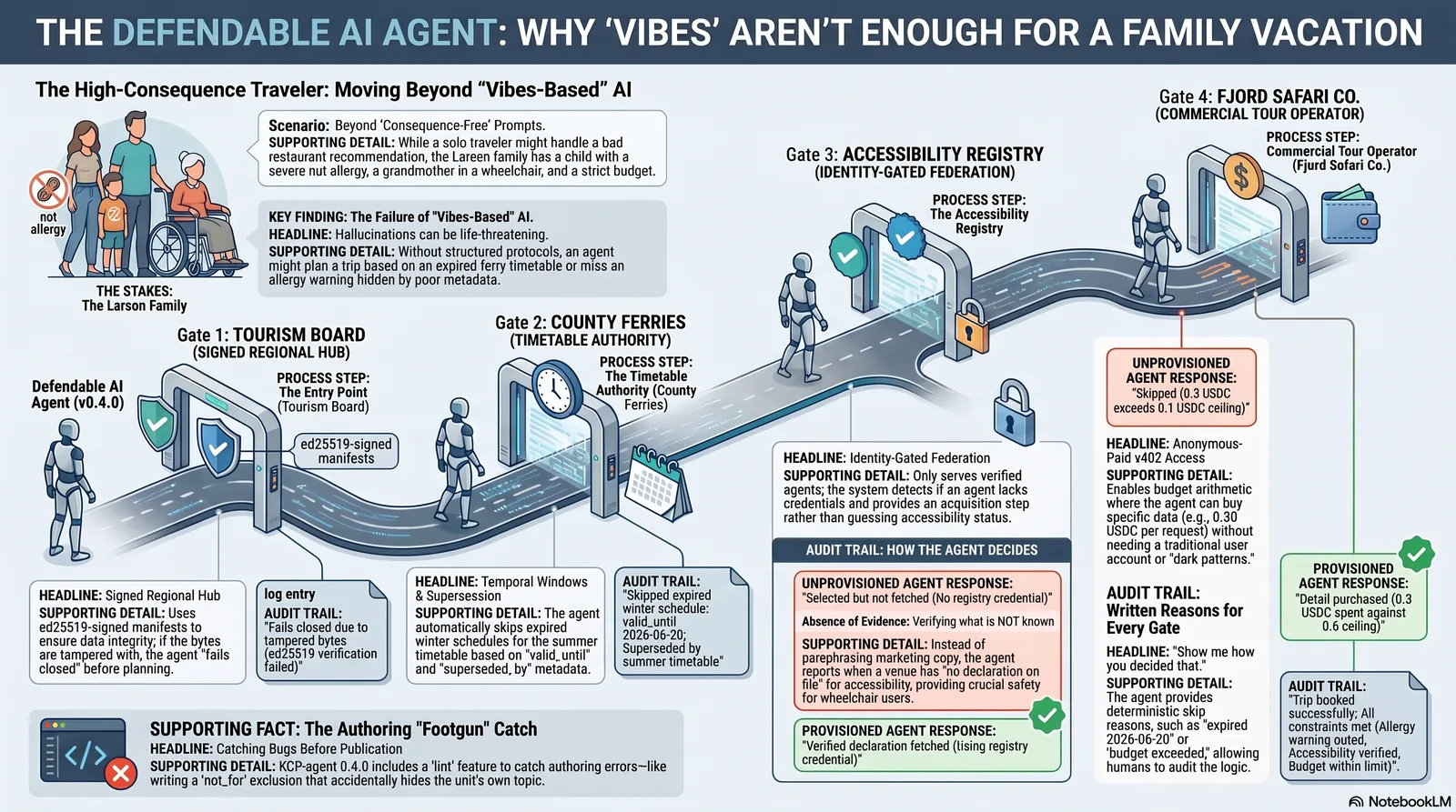 Infographic: the defendable AI agent — why vibes aren't enough for a family vacation. The high-consequence traveler's journey from a vibes-based plan to a deterministic one: a signed tourism hub as entry point, a ferry timetable handover the planner enforces, an identity-gated accessibility registry, a paid safari detail bought under a budget ceiling, and the not_for authoring footgun caught by the validate lint before publication