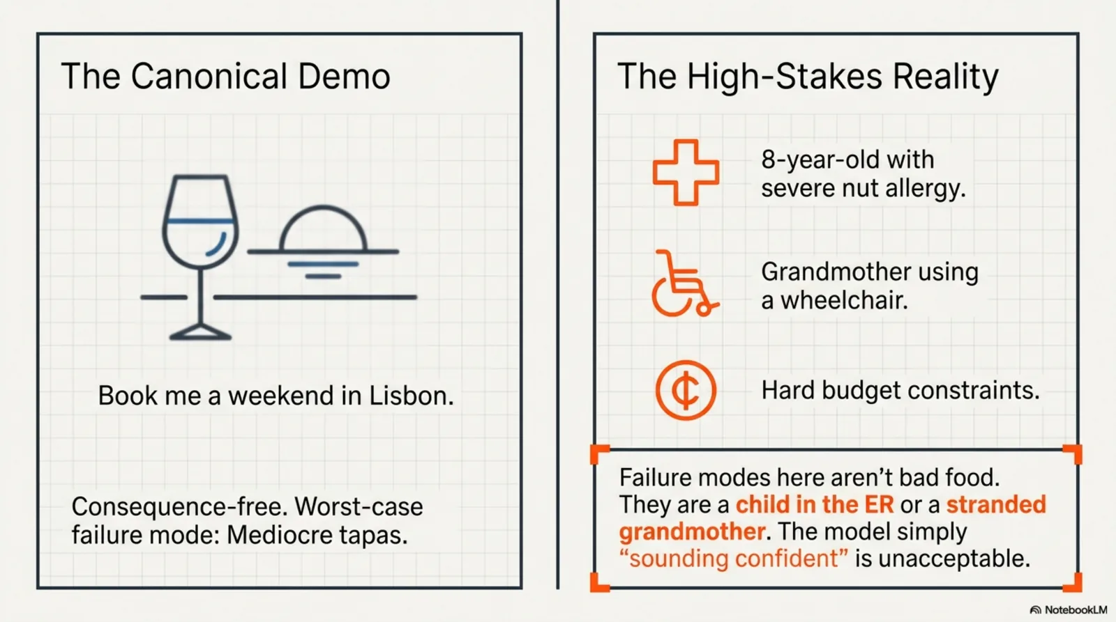 The canonical demo versus the high-stakes reality: on the left, the consequence-free Lisbon-weekend booking whose worst case is mediocre tapas; on the right, the Larsen family's real constraints — an eight-year-old with a severe nut allergy, a grandmother in a wheelchair, hard budget limits — and the verdict that failure modes here aren't bad food: they're a child in the ER or a grandmother stranded at a dock, while the model simply sounds confident