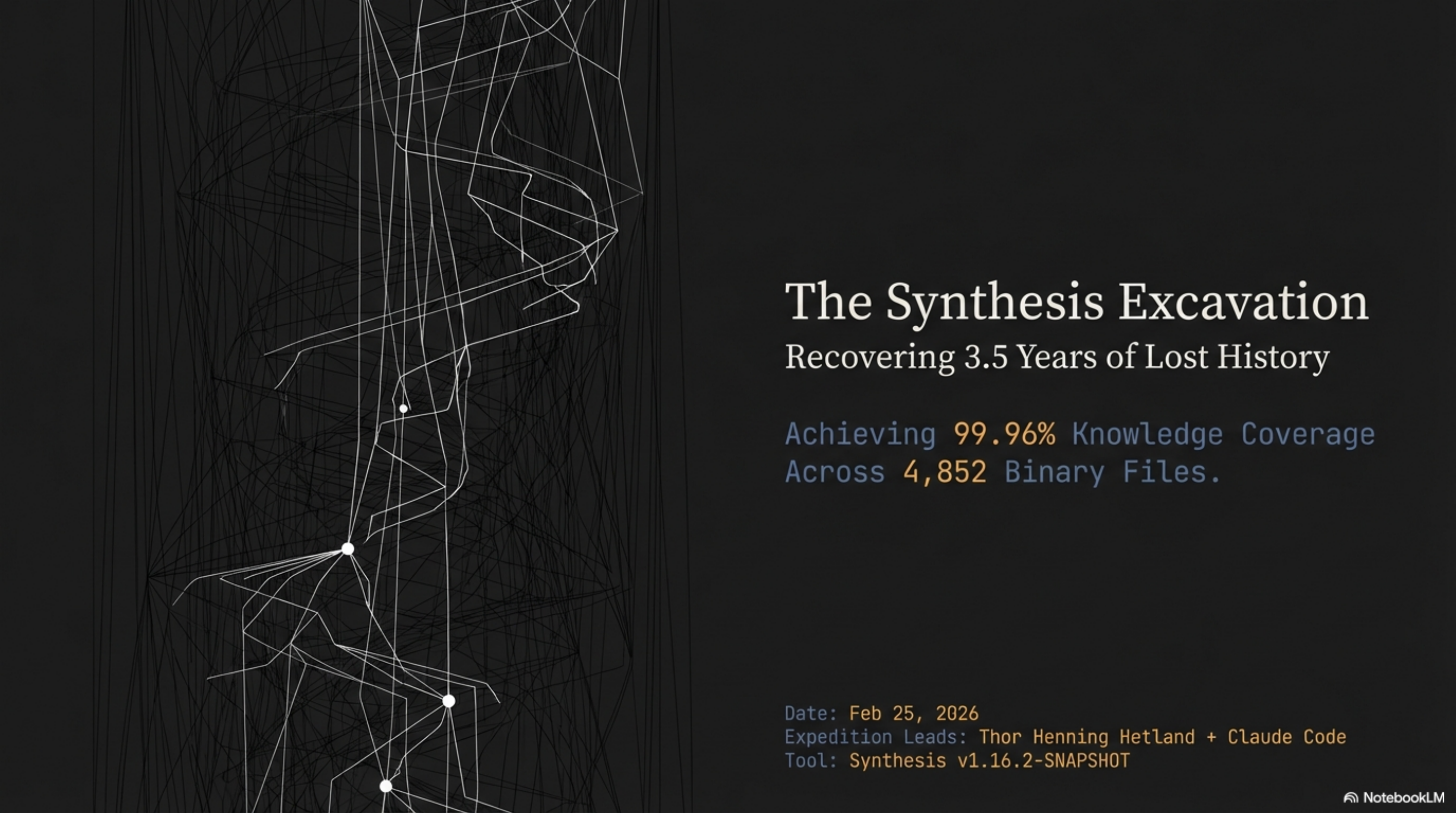 Title slide: The Synthesis Excavation — Recovering 3.5 Years of Lost History, achieving 99.96% knowledge coverage across 4,852 binary files
