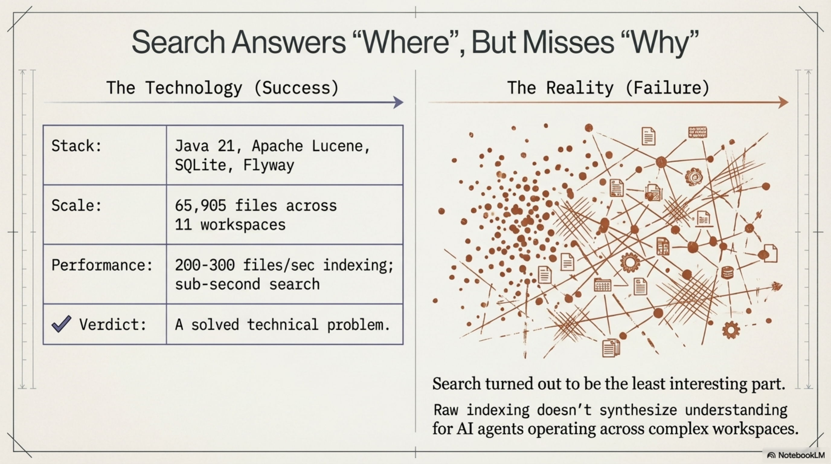 Search Answers "Where", But Misses "Why" — tech stack success vs comprehension failure