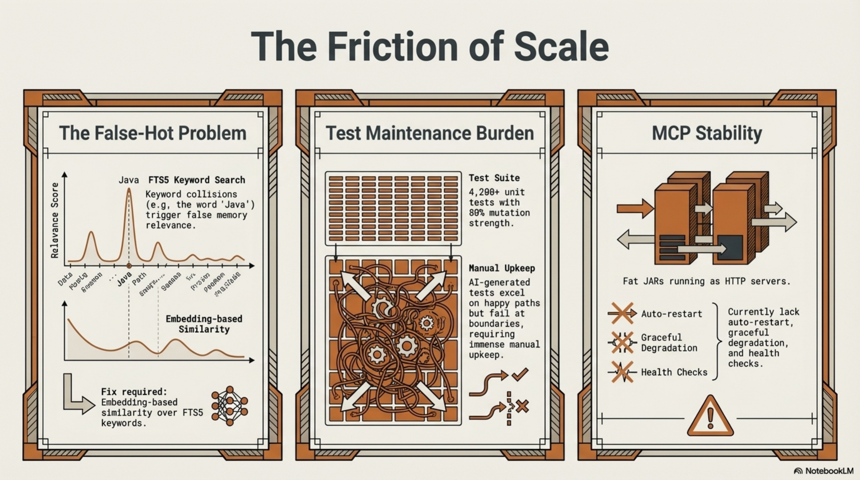 The Friction of Scale — false-hot problem, test maintenance burden, MCP stability gaps