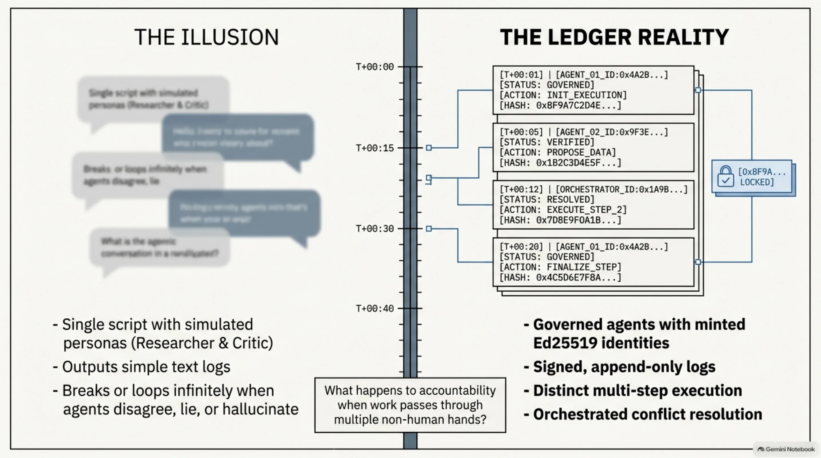 Agent theater versus the ledger reality — minted identities, signed hashes, an immutable audit chain