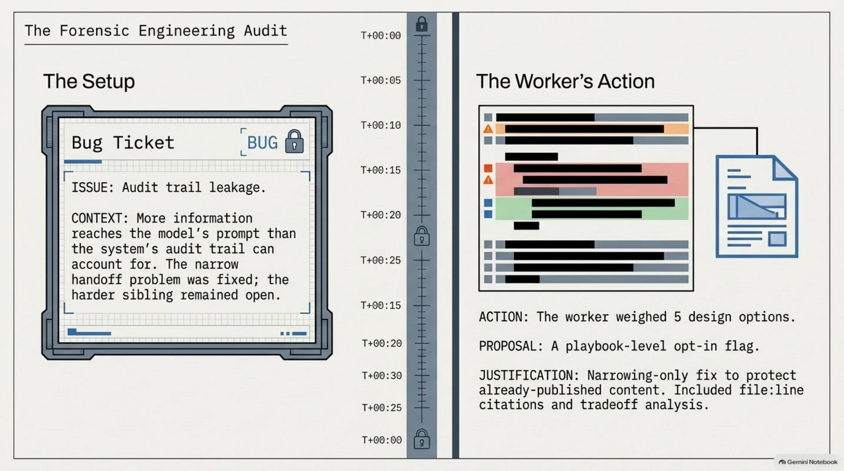 The bug ticket and the worker's proposal — five options weighed, one picked, tradeoffs named