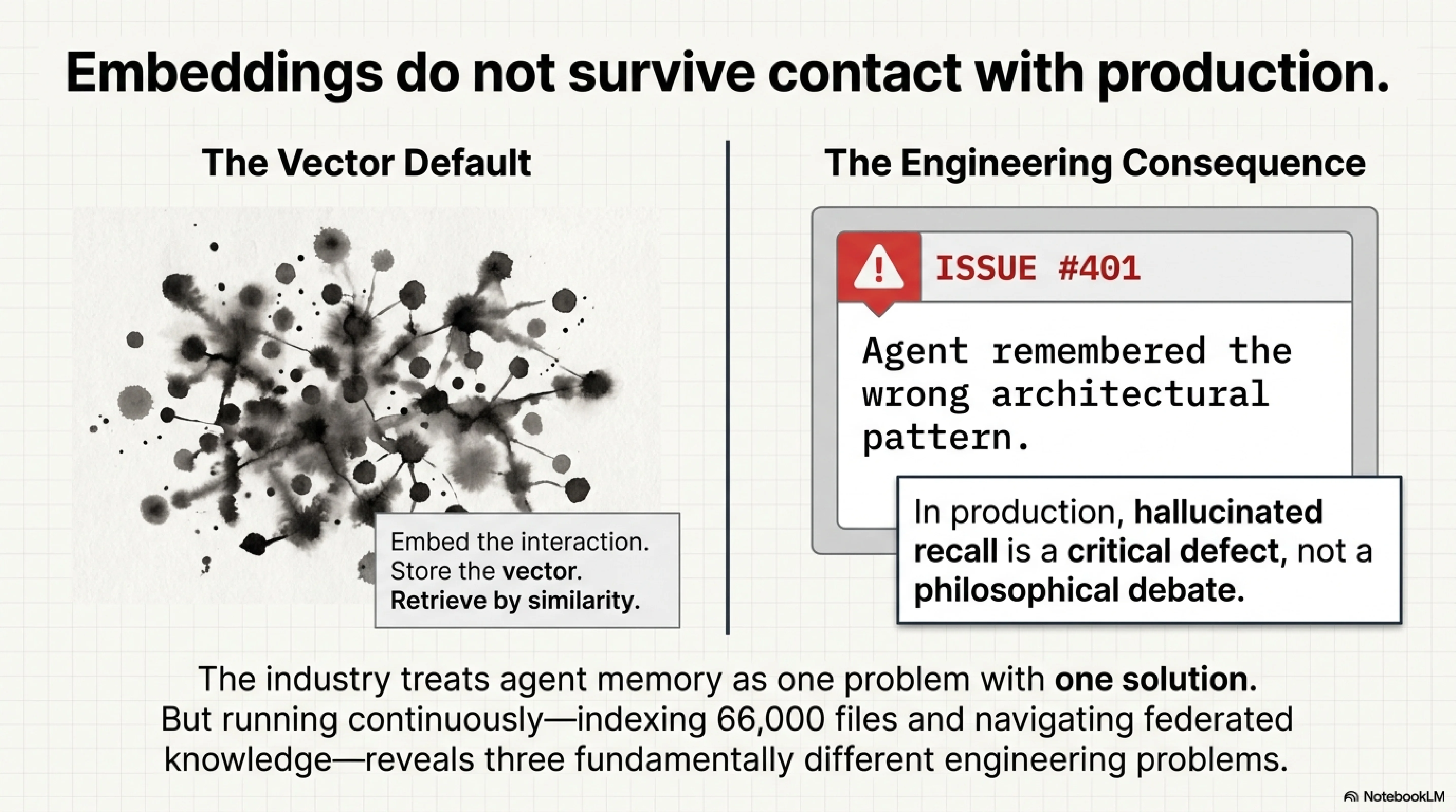 Embeddings do not survive contact with production: the vector default stores interactions as approximate vectors and retrieves by similarity, but the engineering consequence is real — issue #401: agent remembered the wrong architectural pattern from a similar-but-different project, costing 6 hours of debugging