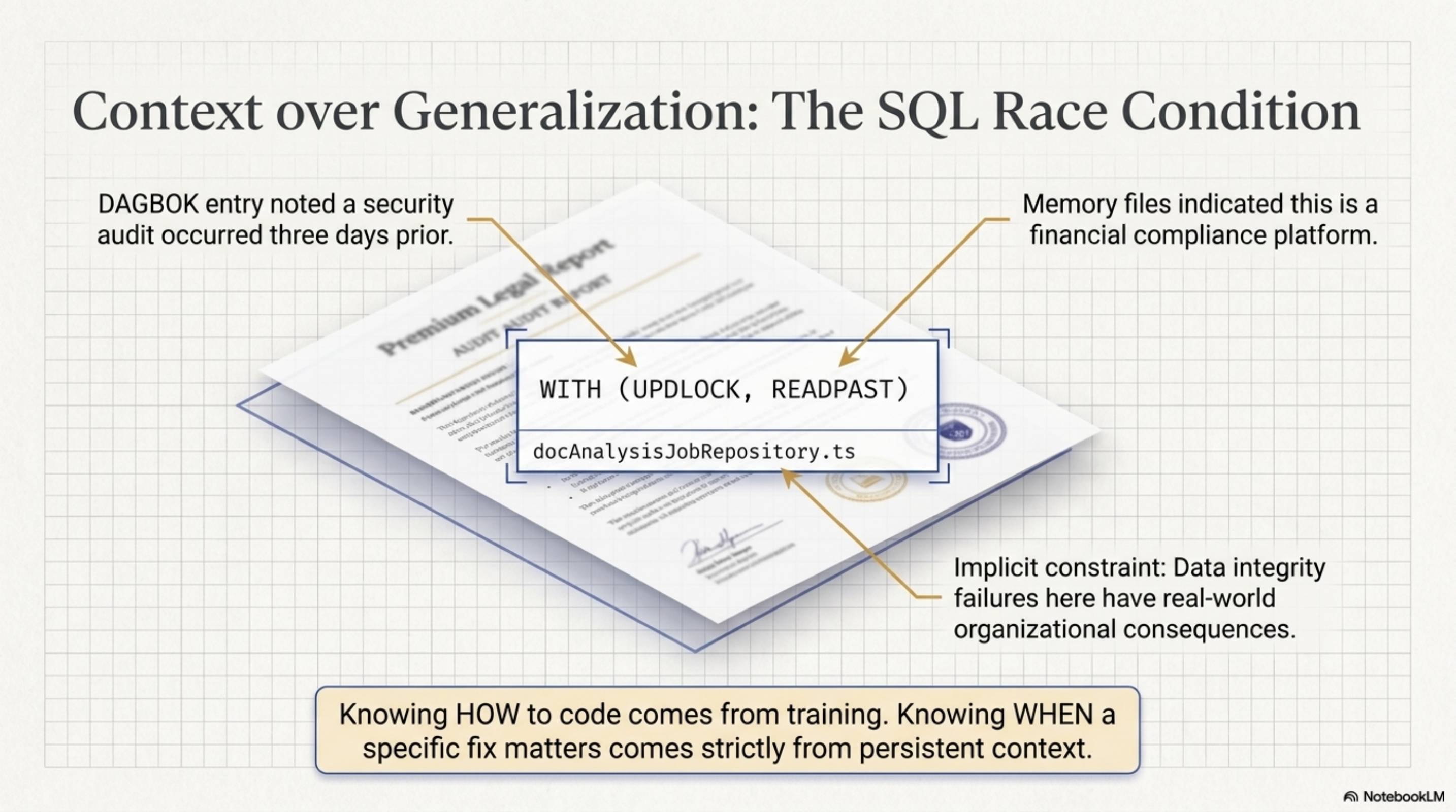 Context over Generalization: the SQL race condition fix required located knowledge, not just training