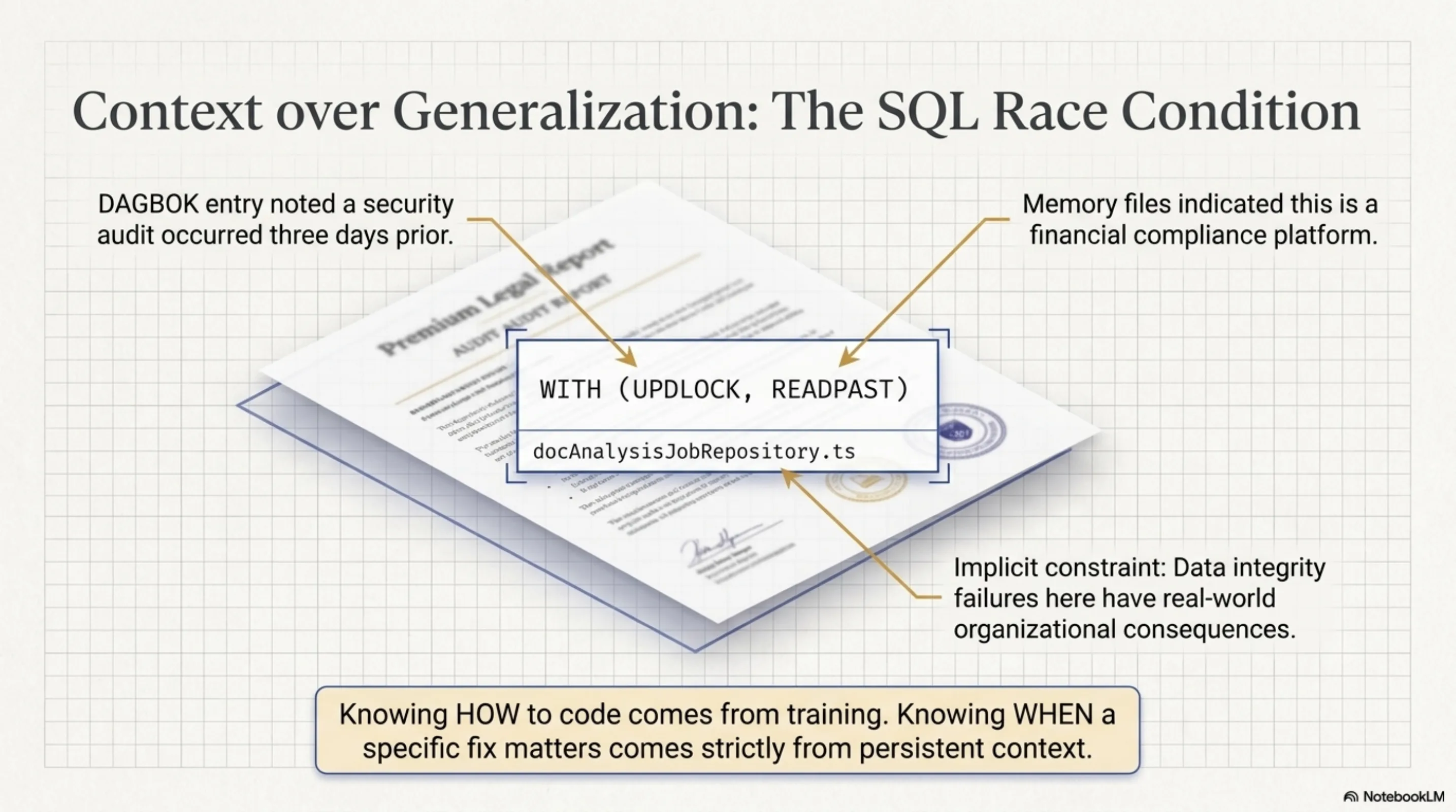 Context over Generalization: the SQL race condition fix required located knowledge, not just training