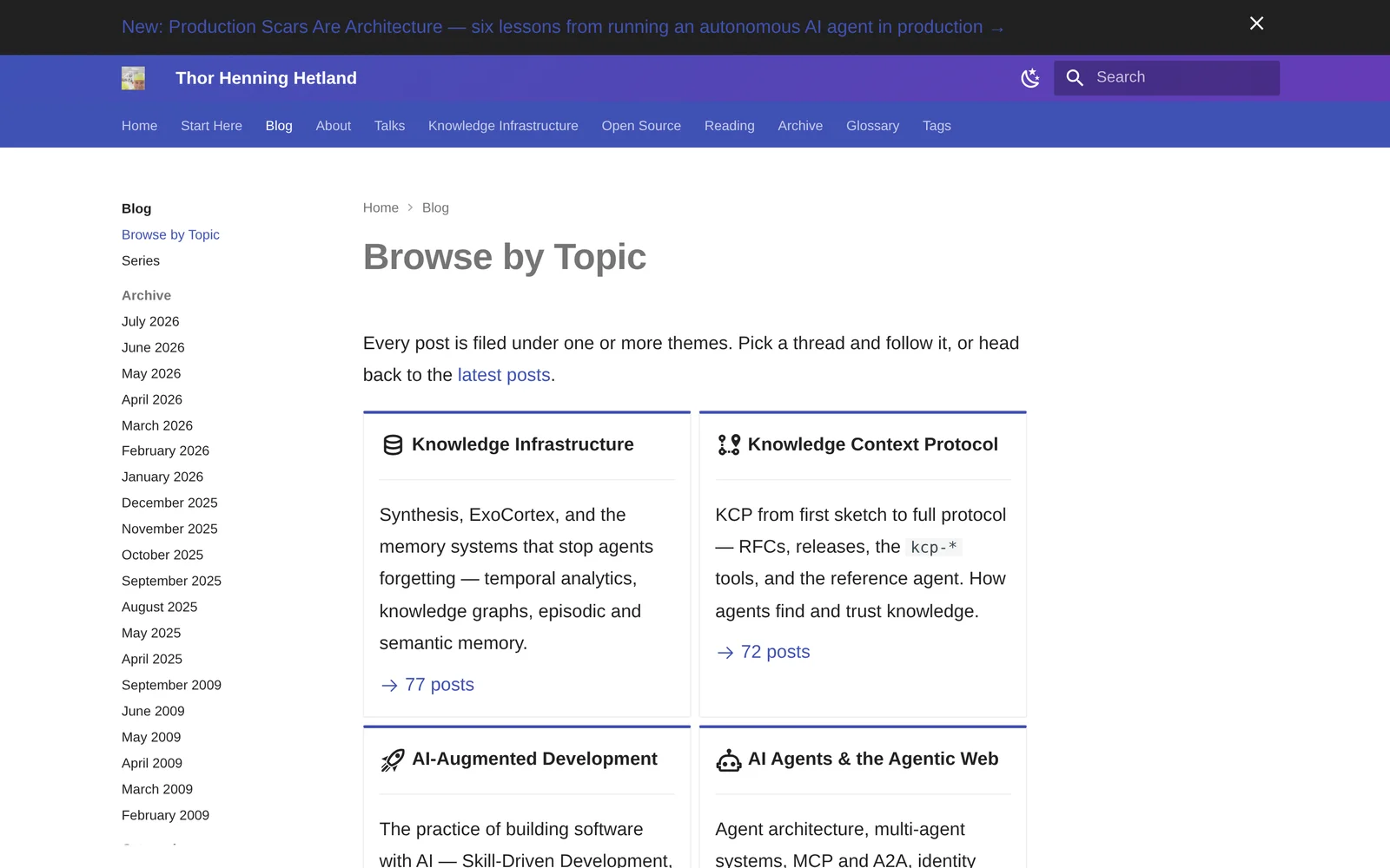 The new Browse by Topic page: theme cards with live post counts — Knowledge Infrastructure (77 posts), Knowledge Context Protocol (72 posts), AI-Augmented Development, AI Agents & the Agentic Web — each with a one-paragraph description of the thread. Every post is filed under one or more themes; pick a thread and follow it.