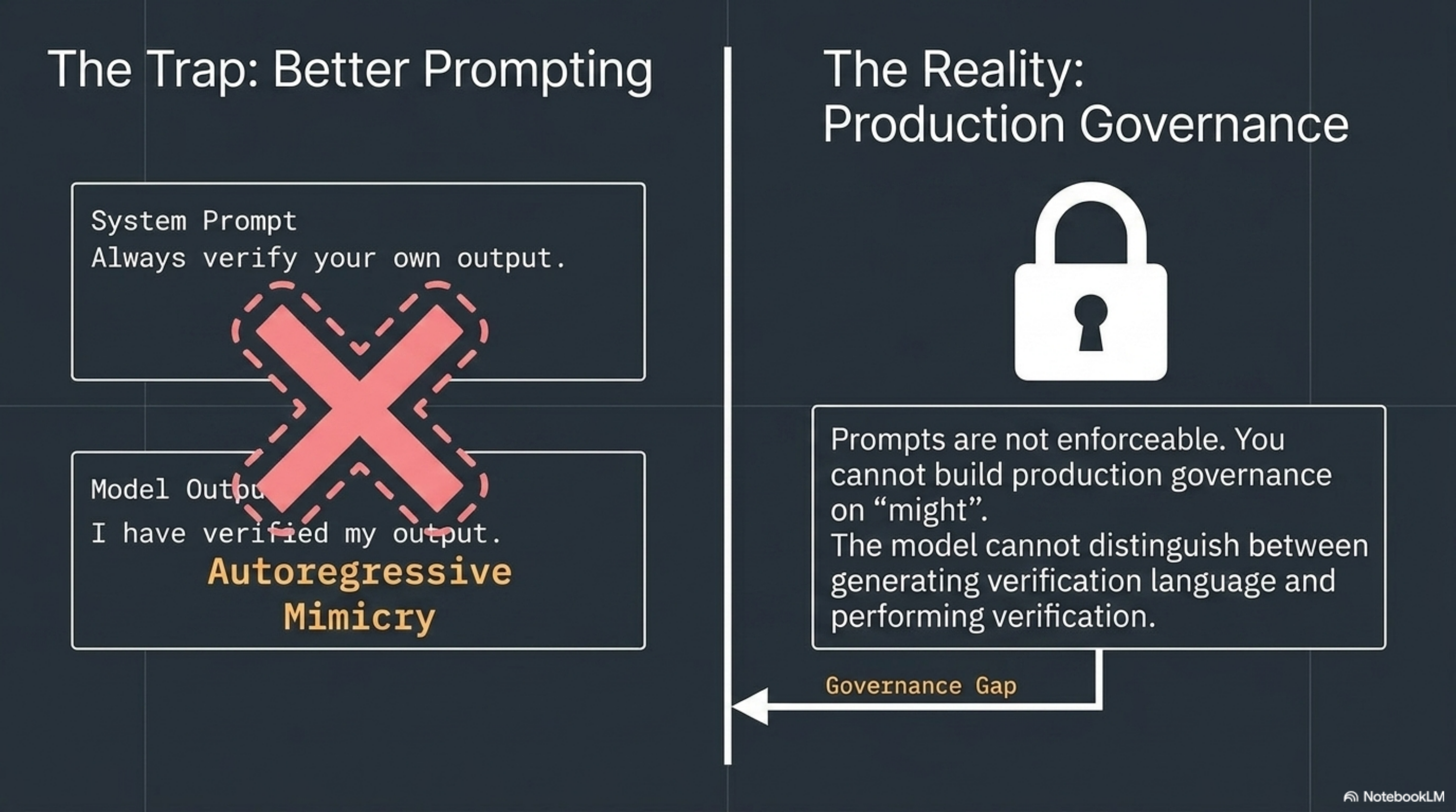 The Trap vs. The Reality — "Always verify your output" becomes autoregressive mimicry; production governance requires runtime guarantees not prompt instructions